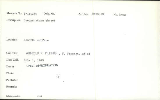 Documentation associated with Hearst Museum object titled Stone object, accession number 1-119339, described as Ground.