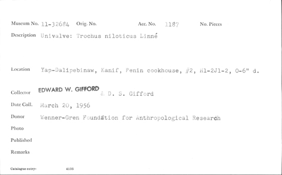 Documentation associated with Hearst Museum object titled Shell: univalve, accession number 11-32684, no description available.