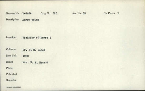 Documentation associated with Hearst Museum object titled Projectile point, accession number 1-3436, described as Arrow point