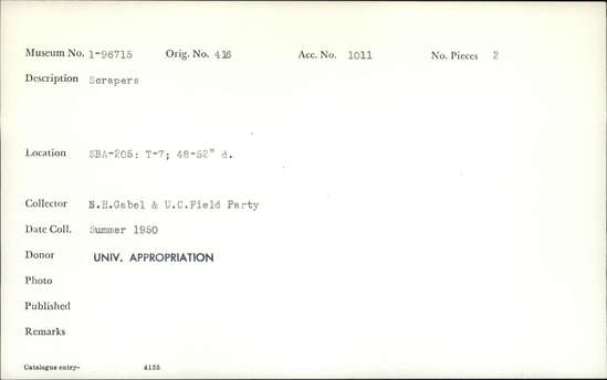 Documentation associated with Hearst Museum object titled Scrapers, accession number 1-96715, described as Scrapers.