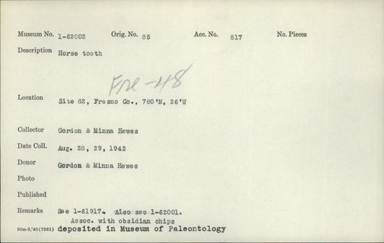 Documentation associated with Hearst Museum object titled Tooth, accession number 1-62002, described as Horse tooth