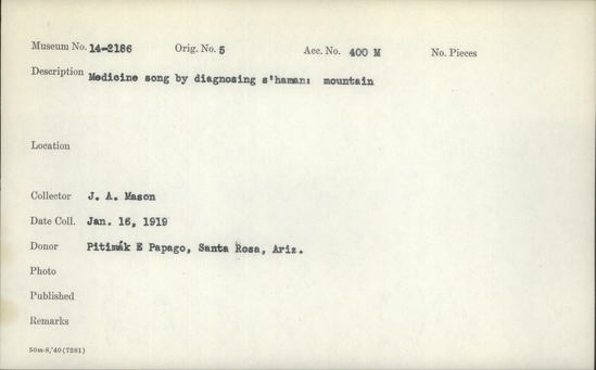 Documentation associated with Hearst Museum object titled Wax cylinder recording, accession number 14-2186, described as Medicine song by diagnosing shaman: mountain