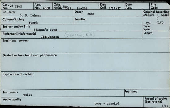 Documentation associated with Hearst Museum object titled Audio recording, accession number 24-2742, described as Shaman's Song