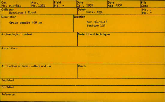 Documentation associated with Hearst Museum object titled Soil & fiber sample, accession number 2-57811, described as Grass sample, 469 gm.