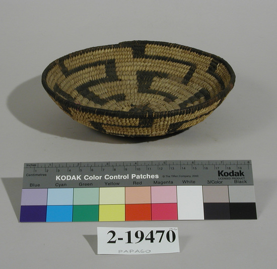 Hearst Museum object titled Basket, accession number 2-19470, described as Coiled, shallow basin shaped, simple rectilineal meander.