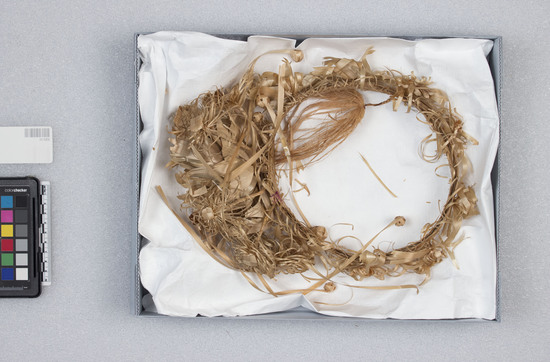 Hearst Museum object titled Wreath, accession number 11-1373, described as Wreath of whitish grass-like leaves