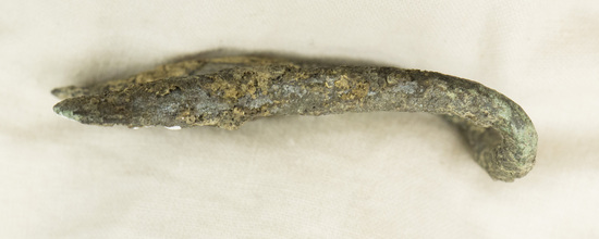 Hearst Museum object titled Handle, accession number 8-1204, described as Handle, kylix form; bronze; 2 ends flattened