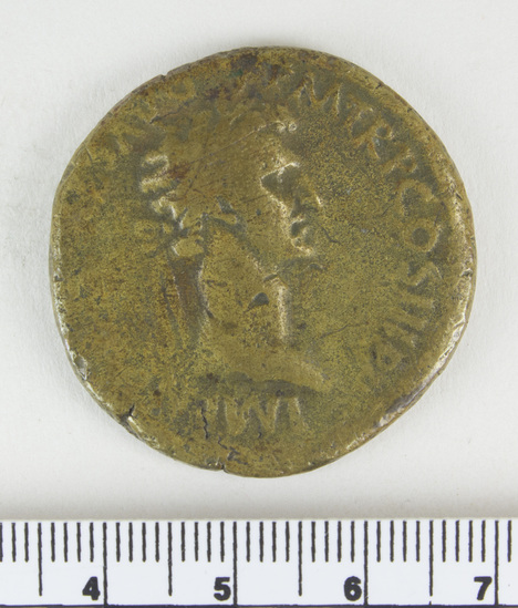 Hearst Museum object 4 of 14 titled Coin: æ sestertius, accession number 8-6029, described as Coin: Sestertius; Æ; Nerva - 21.49 grams. Obverse: IMP[NERVA CAES] AVG    PM TRP COS III PP - Head laureate facing right. Reverse: CONCORDIA EXERCITVVM-  SC; clasped hands holding legionary eagle set on prow facing left.