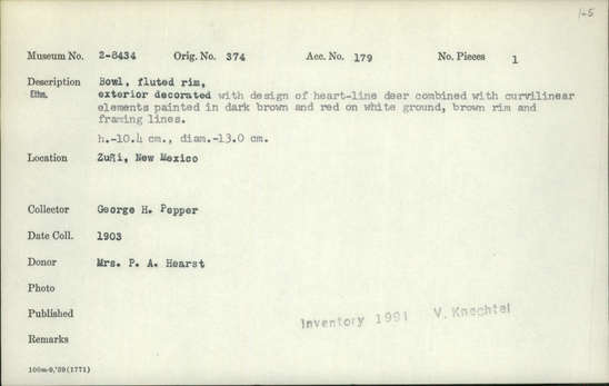 Documentation associated with Hearst Museum object titled Bowl, accession number 2-8434, described as Fluted rim, exterior decorated with design of heart-line deer combined with curvilinear elements painted in dark brown and red on white ground, brown rim and framing lines.