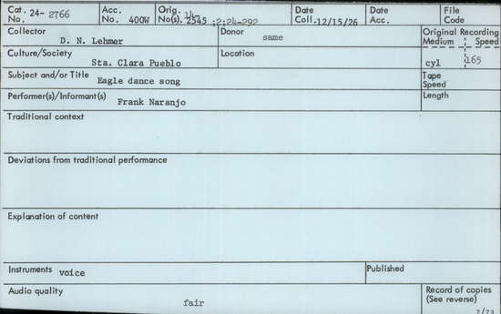 Documentation associated with Hearst Museum object titled Audio recording, accession number 24-2766, described as Eagle Dance Song