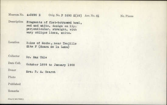 Documentation associated with Hearst Museum object titled Broken bowl, accession number 4-2690e, described as Bowls: Sherds