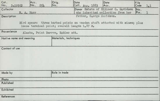 Documentation associated with Hearst Museum object titled Spear, accession number 2-19352, described as Three barbed points on wooden shaft attached with sinew, plus loose terminal point.