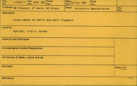 Documentation associated with Hearst Museum object titled Shell, accession number 1-243111, described as Shells and shell fragments, large sample.