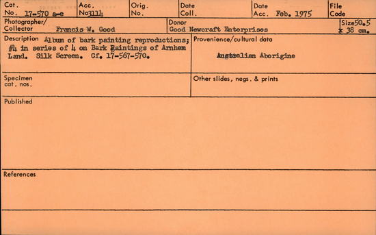 Documentation associated with Hearst Museum object titled Silkscreen, accession number 17-570a-e, described as Album of reproductions of bark paintings of Arnhem Land and the islands. Fourth in a series of four.