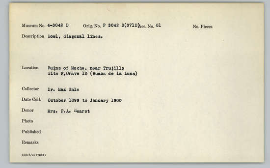 Documentation associated with Hearst Museum object titled Bowls (5), accession number 4-3042d, described as Bowl, diagonal lines