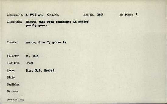 Documentation associated with Hearst Museum object titled Jar, accession number 4-5773a, no description available.