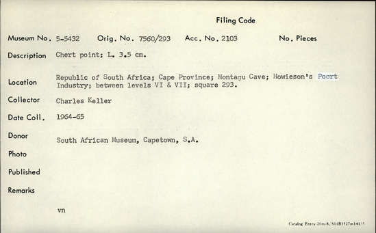 Documentation associated with Hearst Museum object titled Points, accession number 5-5432, described as Chert points; L. 3.5 cm