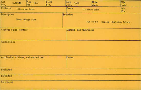 Documentation associated with Hearst Museum object titled Bead, accession number L-12534, described as Bead- large size.