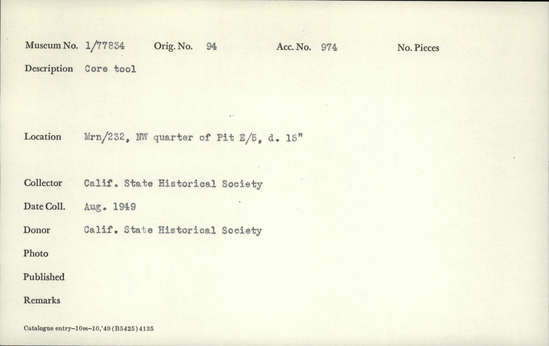 Documentation associated with Hearst Museum object titled Tool, accession number 1-77834, described as Core tool. Notice: Image restricted due to its potentially sensitive nature. Contact Museum to request access.