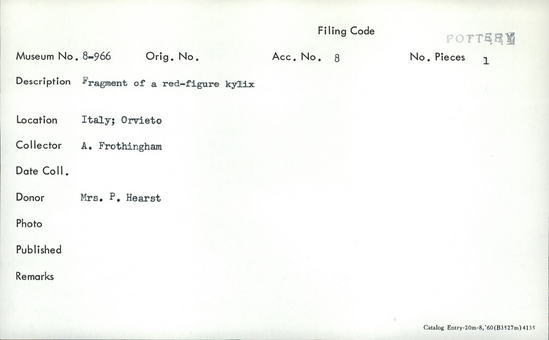 Documentation associated with Hearst Museum object titled Kylix fragment, accession number 8-966, described as Fragment of a red-figured kylix