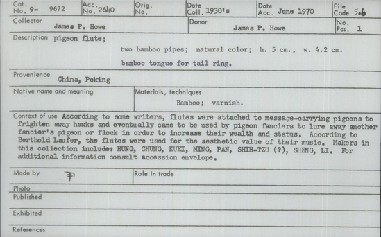 Documentation associated with Hearst Museum object titled Pigeon flute, accession number 9-9672, described as pigeon flute; 2 bamboo pipes;natural color; ht. 5 cm, w. 4.2 cm, bamboo tongue for tail ring.