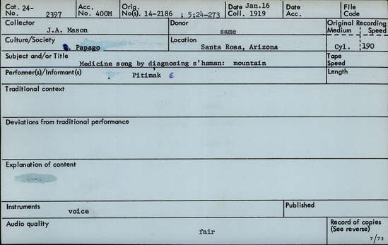 Documentation associated with Hearst Museum object titled Audio recording, accession number 24-2397, described as Medicine song by diagnosing shaman: mountain