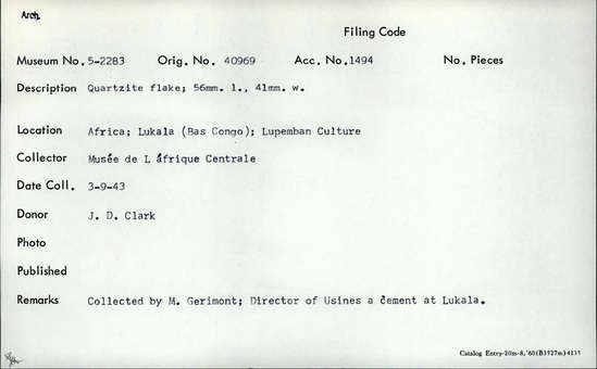 Documentation associated with Hearst Museum object titled Flake, accession number 5-2283, described as Quartzite flake; 56 mm. L., 41 mm. W.