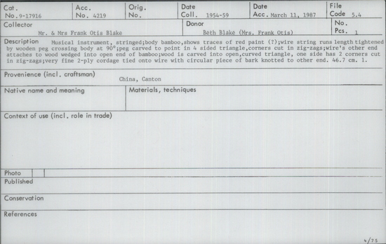 Documentation associated with Hearst Museum object titled Musical instrument, accession number 9-17916, described as Musical instrument, stringed; body bamboo, shows traces of red paint; wire string runs length tightened by wooden peg corssing body at 90deg;peg carved to pt in 4-sided triangle, corners cut in zigzags;wire's other end attaches to wood wedgd into open end of bamboo;