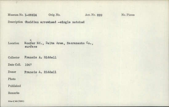 Documentation associated with Hearst Museum object titled Projectile point, accession number 1-68614, described as Obsidian, single notched.