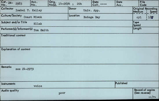 Documentation associated with Hearst Museum object titled Audio recording, accession number 24-2983, described as Kilak Dance Song