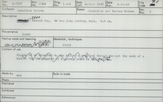 Documentation associated with Hearst Museum object titled Netsuke, accession number 9-7537, described as Seal: seated dog. He has long curling tail.