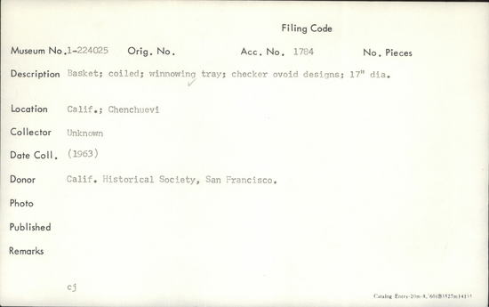 Documentation associated with Hearst Museum object titled Winnowing tray, accession number 1-224025, described as Coiled tray. Checker ovoid designs.