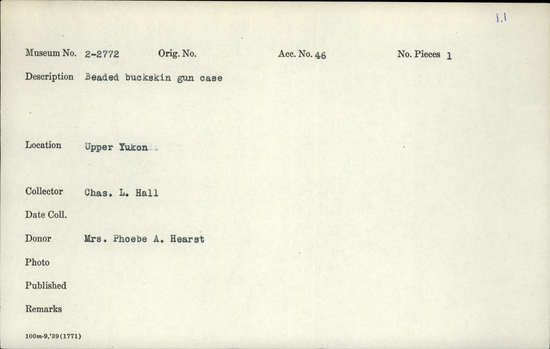 Documentation associated with Hearst Museum object titled Gun case, accession number 2-2772, described as Beaded buckskin.