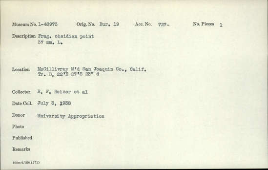 Documentation associated with Hearst Museum object titled Point fragment, accession number 1-48973, described as Obsidian. Notice: Image restricted due to its potentially sensitive nature. Contact Museum to request access.