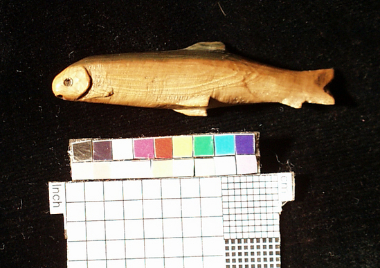 Hearst Museum object titled Fish figurine, accession number 2-6221, described as Carved figure of fresh water fish; recarved fossil mammoth ivory.