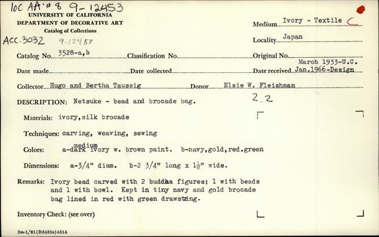 Documentation associated with Hearst Museum object titled Netsuke, accession number 9-12453a,b, no description available.