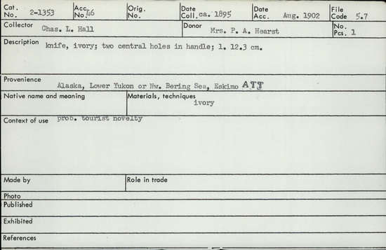 Documentation associated with Hearst Museum object titled Knife, accession number 2-1353, described as Made of ivory.  Two central holes in handle.