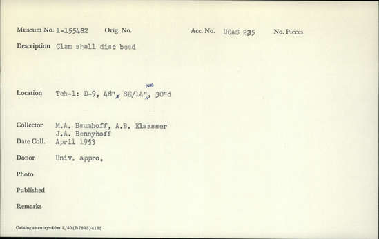 Documentation associated with Hearst Museum object titled Bead, accession number 1-155482, described as Clam shell disc.