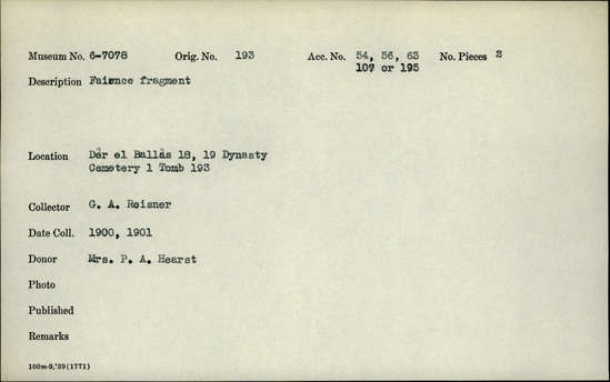 Documentation associated with Hearst Museum object titled Tile fragments, accession number 6-7078, described as Small faience tile fragments