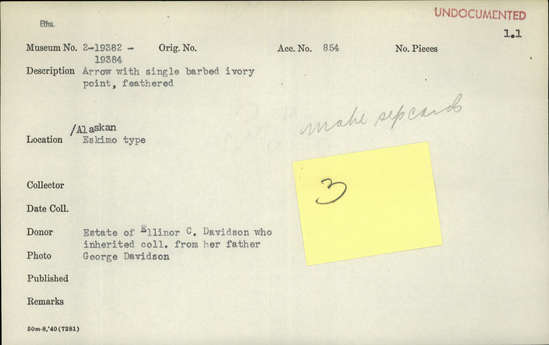 Documentation associated with Hearst Museum object titled Arrow, accession number 2-19383, described as Single barbed ivory point, feathered.