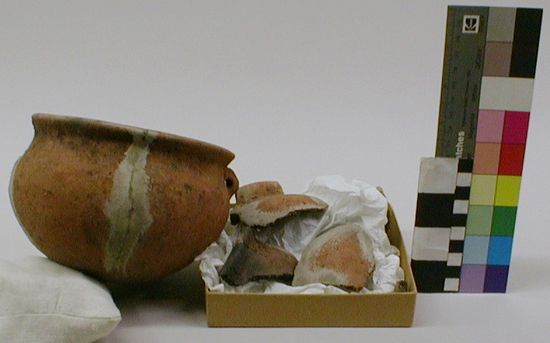 Hearst Museum object titled Bowl w/ handles: sm, accession number 4-2997, described as Bowl, heavy red pottery, two small handles