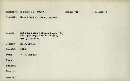 Documentation associated with Hearst Museum object titled Fishhook, accession number 2-15734, described as Bone fishhook shank, curved. Made from baculum. Broken.
