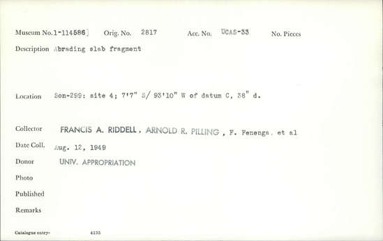 Documentation associated with Hearst Museum object titled Abrading slab fragment, accession number 1-114586, described as Abrading slab fragment