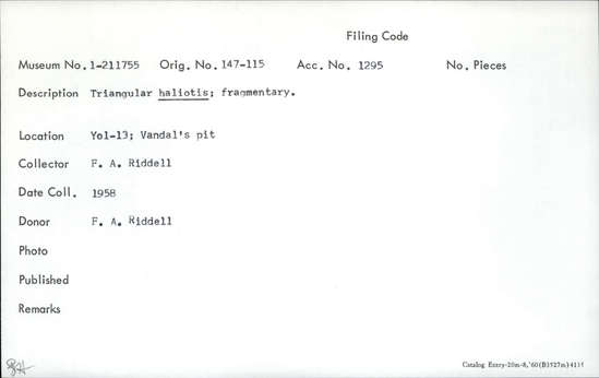 Documentation associated with Hearst Museum object titled Shell fragment, accession number 1-211755, described as Triangular haliotis; fragmentary.