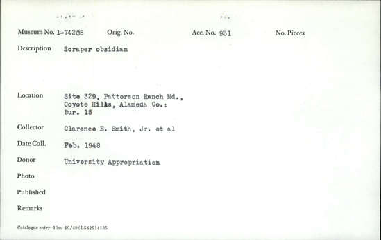 Documentation associated with Hearst Museum object titled Scraper, accession number 1-74205, described as Obsidian scraper Notice: Image restricted due to its potentially sensitive nature. Contact Museum to request access.