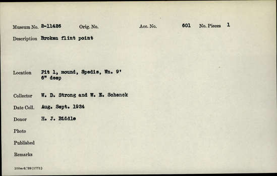 Documentation associated with Hearst Museum object titled Point, accession number 2-11426, described as Broken flint point.