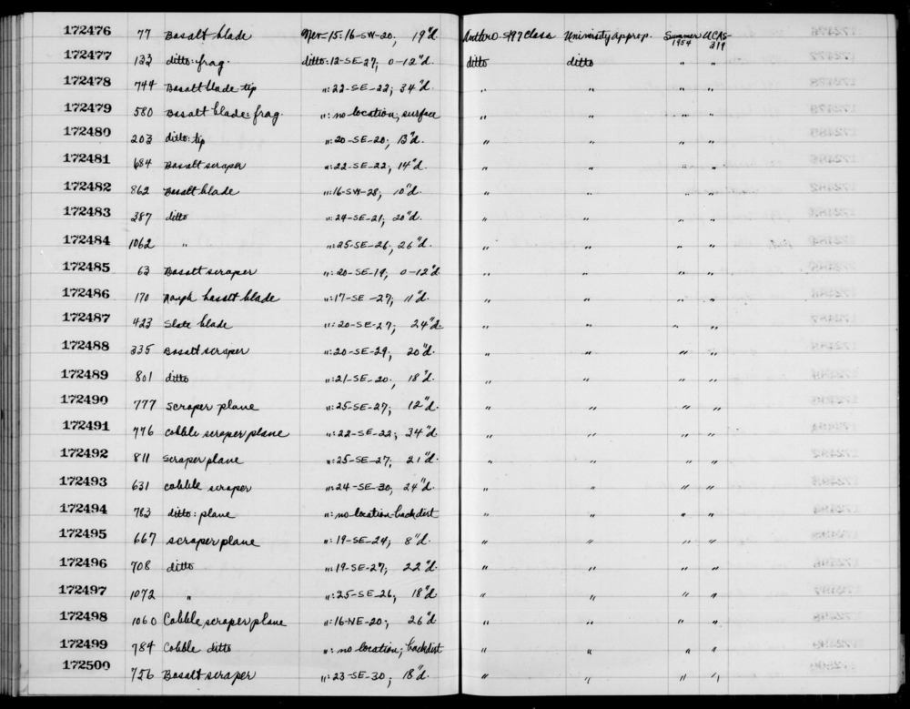 Documentation associated with Hearst Museum object titled Blade, accession number 1-172479, described as basalt blade frag.