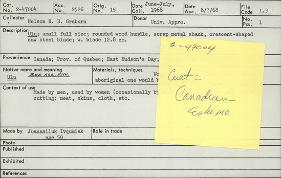 Documentation associated with Hearst Museum object titled Ulu, accession number 2-47004, described as Small full size; rounded wood handle, scrap metal shank, crescent-shaped saw steel blade.