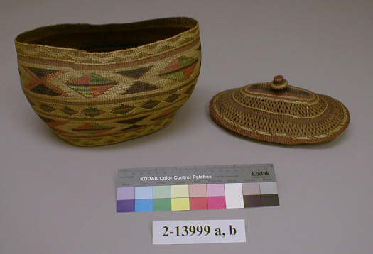 Hearst Museum object titled Basket and lid, accession number 2-13999a,b, described as (a) Overlay twined basket, elliptical, colored, diamond design. (b) Openwork lid with handle.