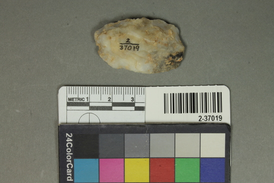 Hearst Museum object titled Biface, accession number 2-37019, described as Small crude blade; whitish chalcedony